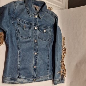 Chico's Blue Denim Jacket with Tan Fringe